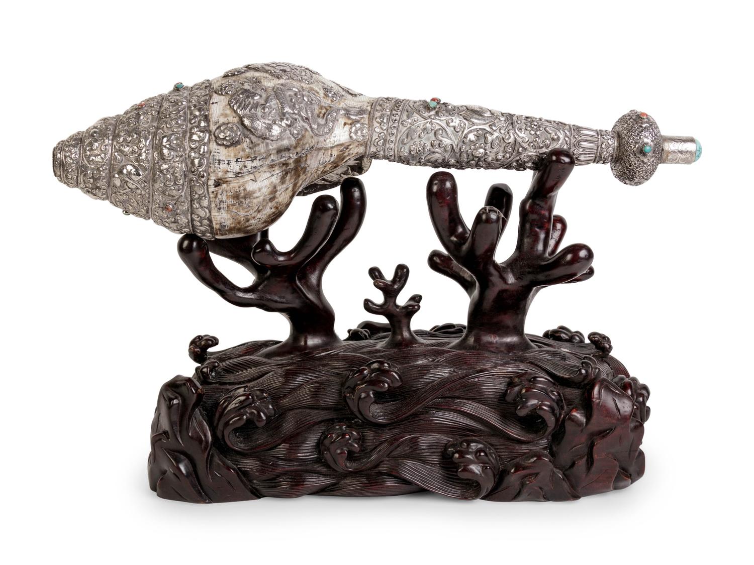 A Tibetan Silver Mounted Shell Horn