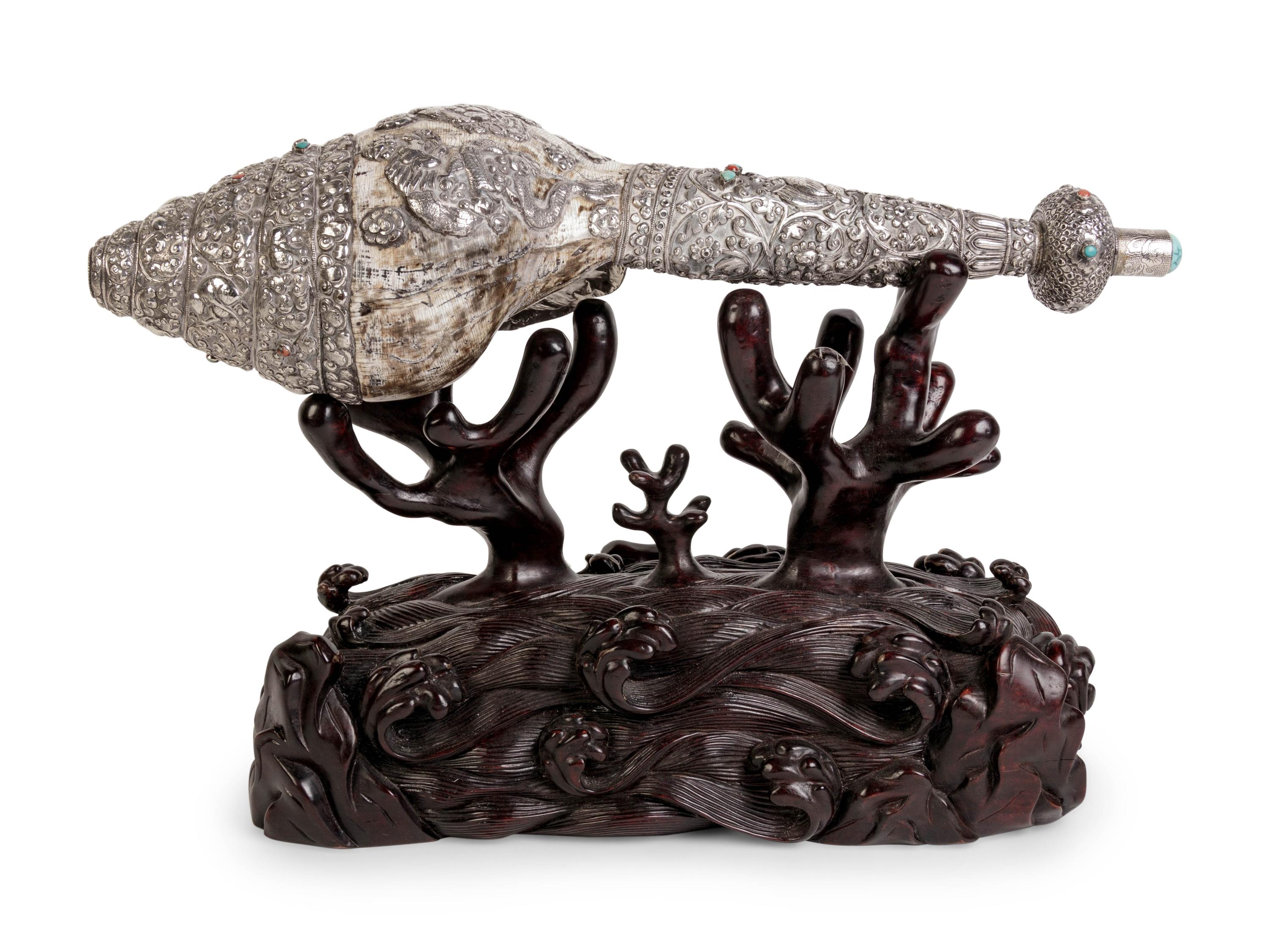 A Tibetan Silver Mounted Shell Horn