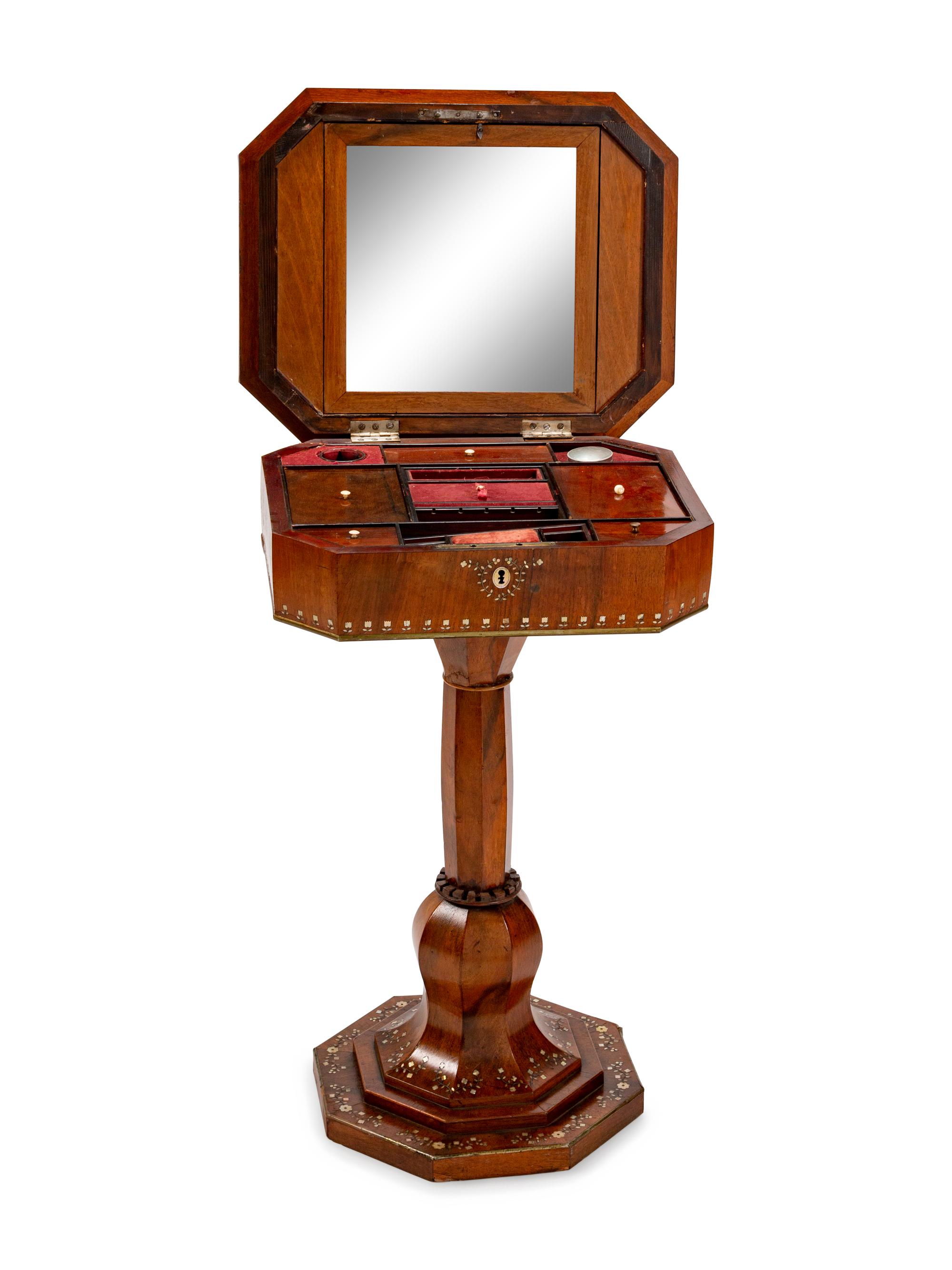 A Continental Mother-of-Pearl Inlaid Walnut Pedestal Vanity — 19TH CENTURY