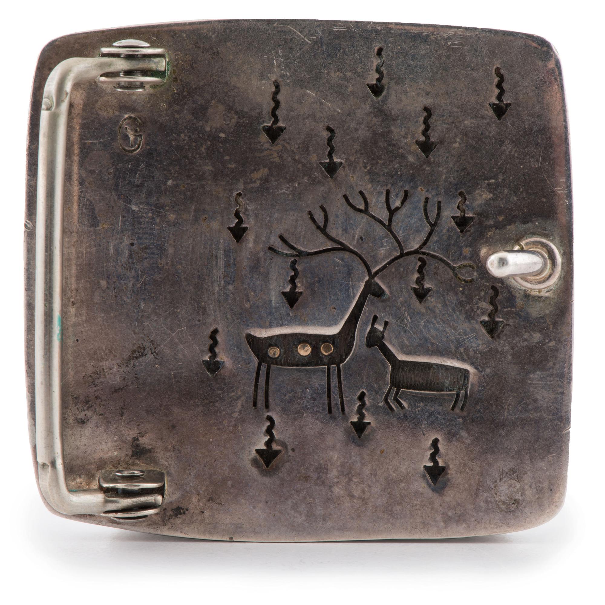 Silver and Petrified Wood Belt Buckle, with Deer and Raindrop Design on Reverse