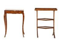 A Three Tier Walnut Serving Stand and a Louis XV Style Marble Top Parquetry Side Table