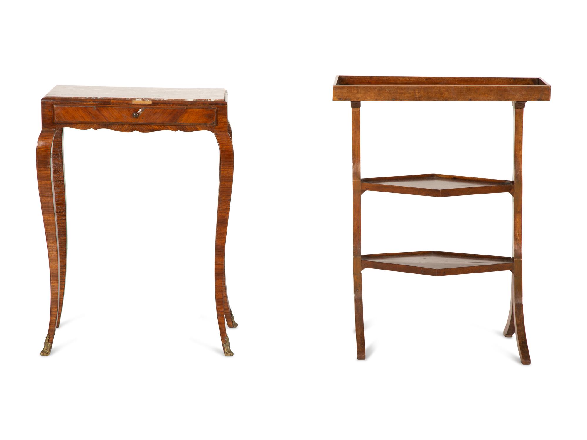 A Three Tier Walnut Serving Stand and a Louis XV Style Marble Top Parquetry Side Table