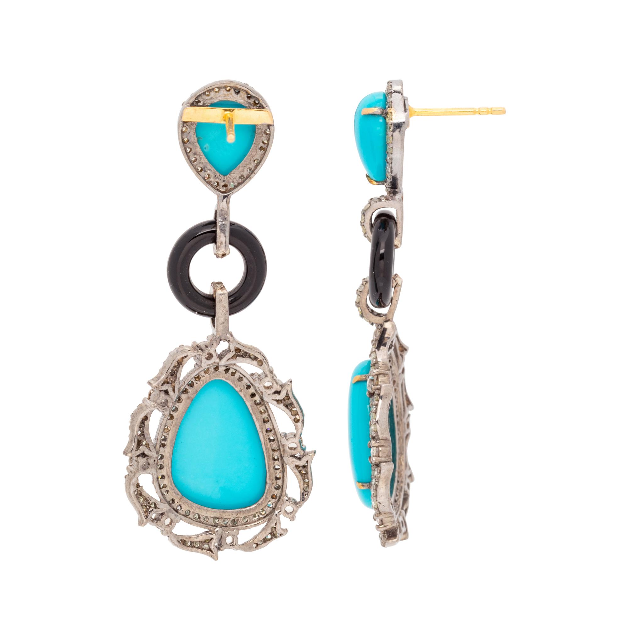 TURQUOISE, DIAMOND AND ONYX EARRINGS