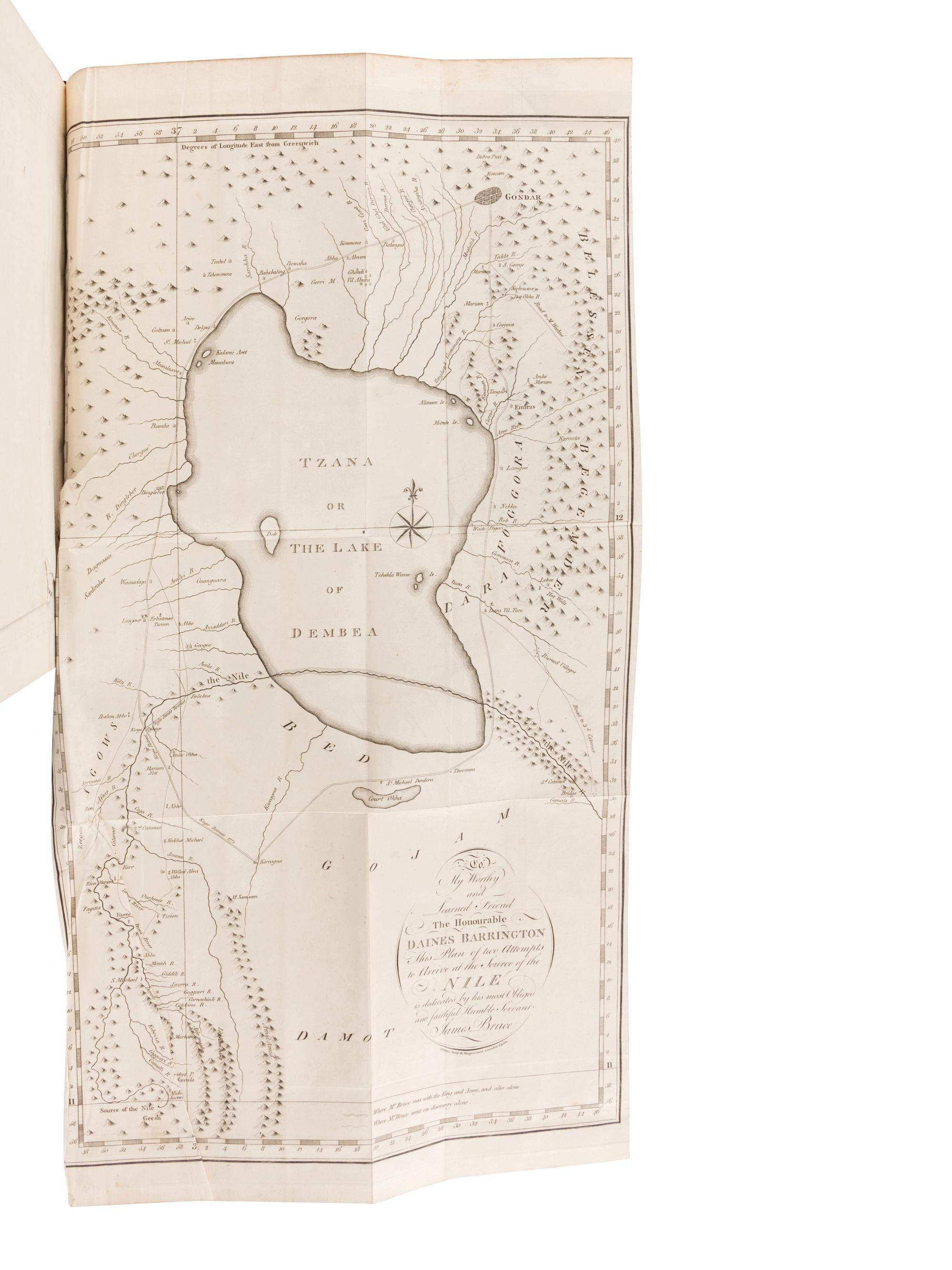 [TRAVEL & EXPLORATION]. -- BRUCE, James (1730-1794). -- Travels To Discover The Source of the Nile, In the Years 1768… 1773. Vol. I-IV. -- Select Specimens of Natural History, Collected in Travels to Discover the Source of the Nile, in Egypt, Arabia, Abyssinia, and Nubia . Vol. V. -- Edinburgh: G.G.J. and J. Robinson, 1790.