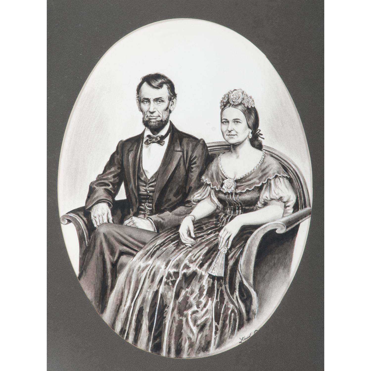 Lloyd Ostendorf, Pen and Ink Wash Drawing of Abraham and Mary Todd Lincoln