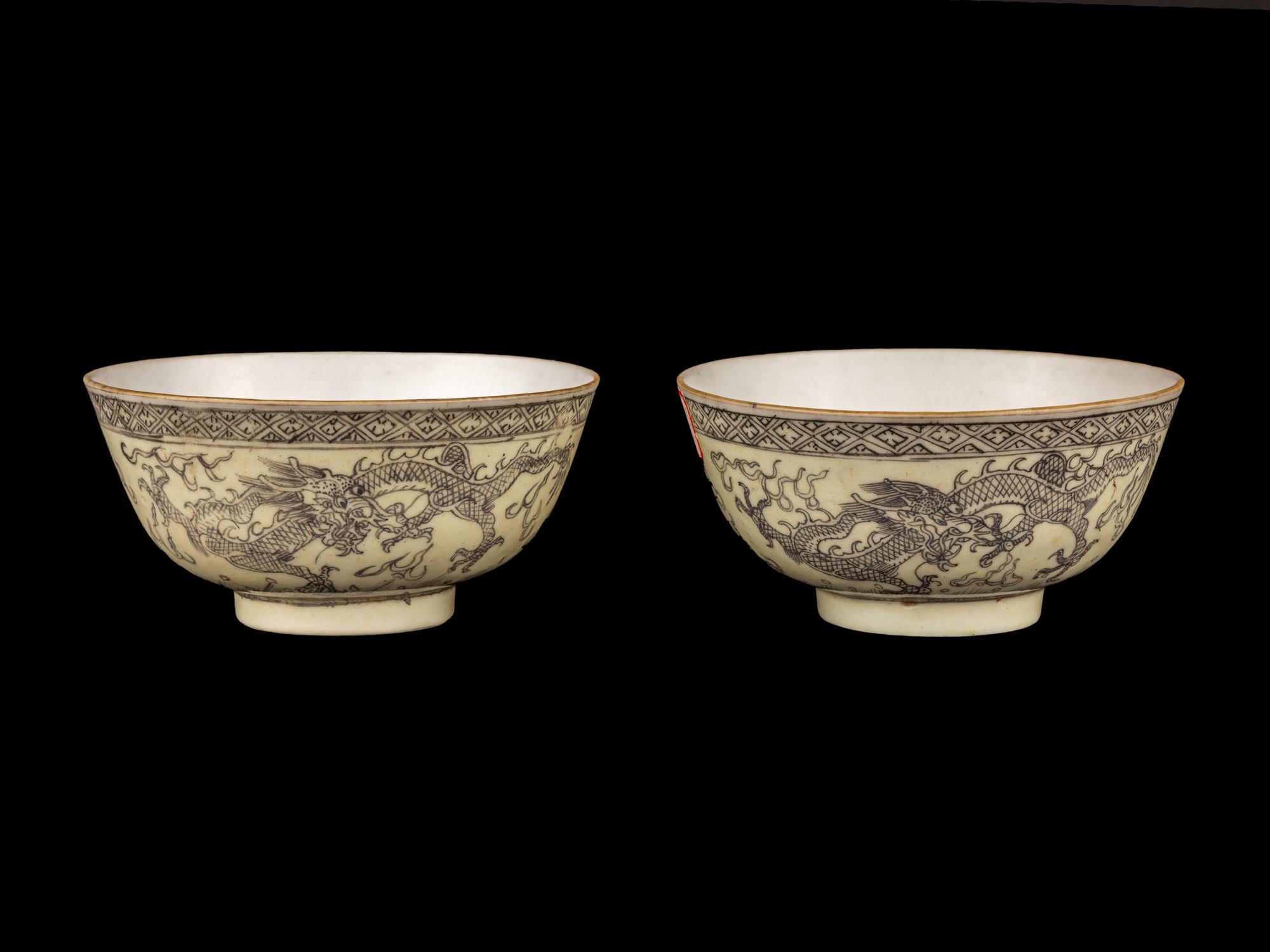 A Pair of Chinese Grisaille Enameled Porcelain Bowls