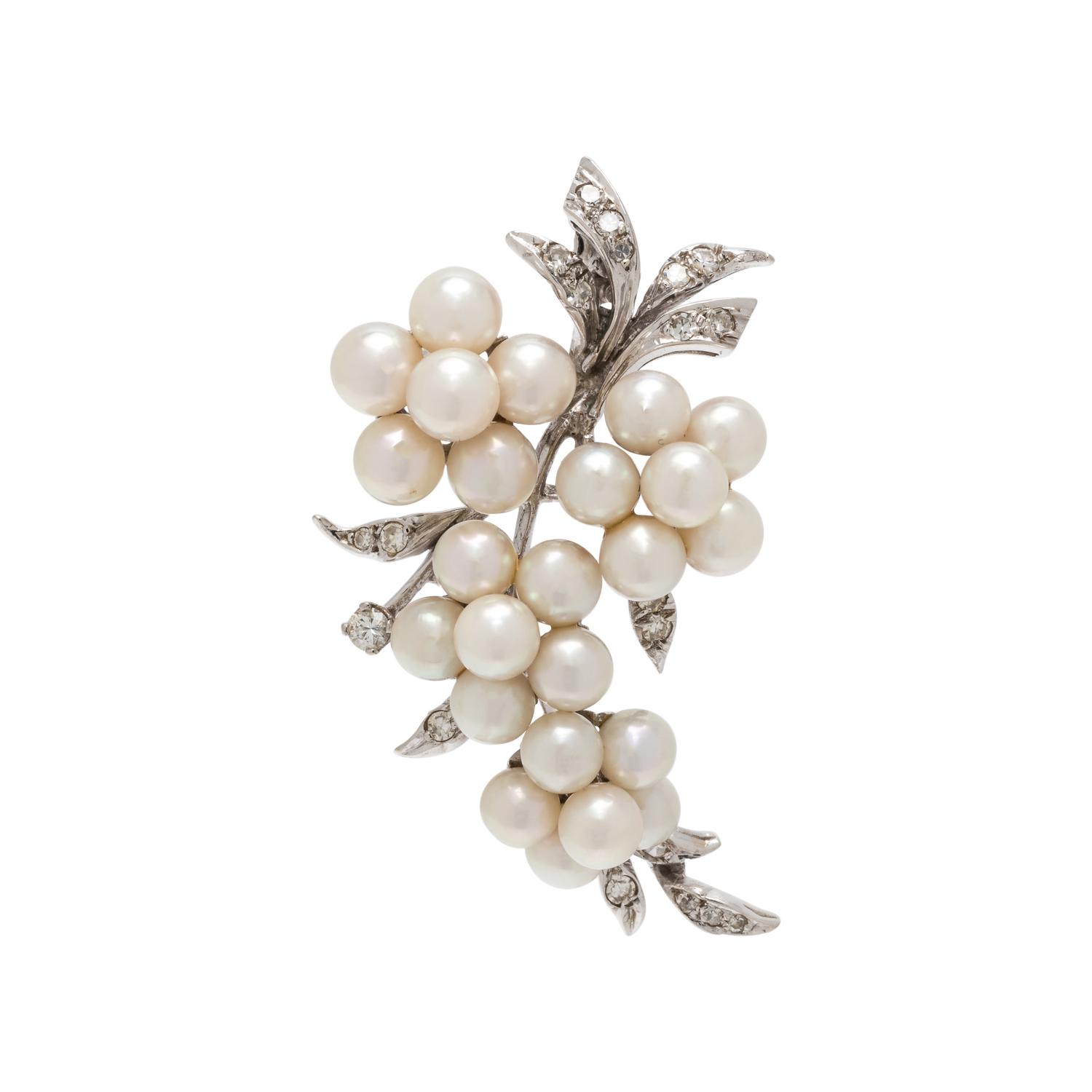 CULTURED PEARL AND DIAMOND BROOCH
