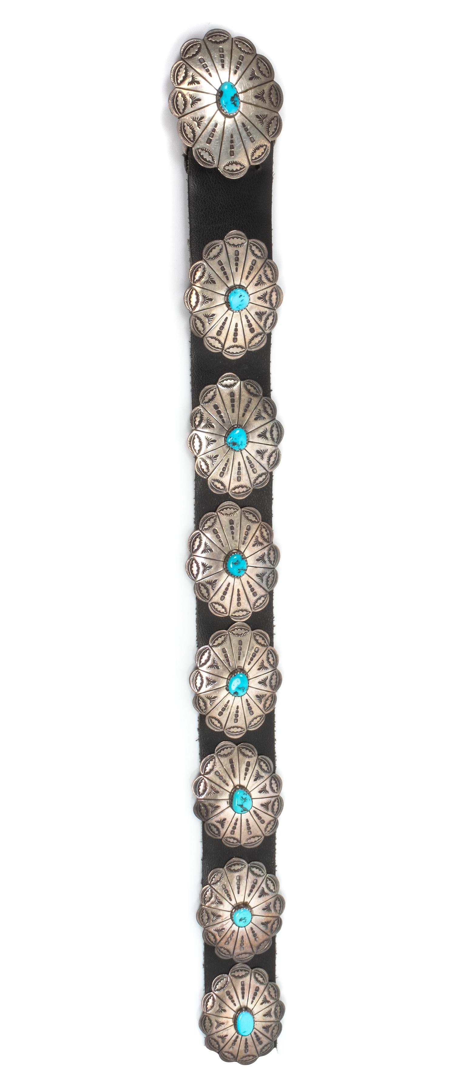 A Silver and Turquoise Concha Belt Conchas 1 3/8 x 1 3/4 and Buckle: 1 5/8 x 2 inches.