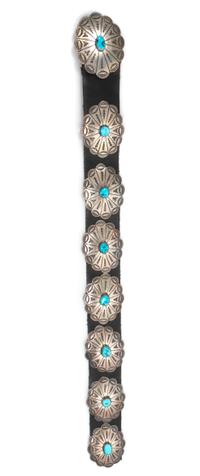 A Silver and Turquoise Concha Belt Conchas 1 3/8 x 1 3/4 and Buckle: 1 5/8 x 2 inches.