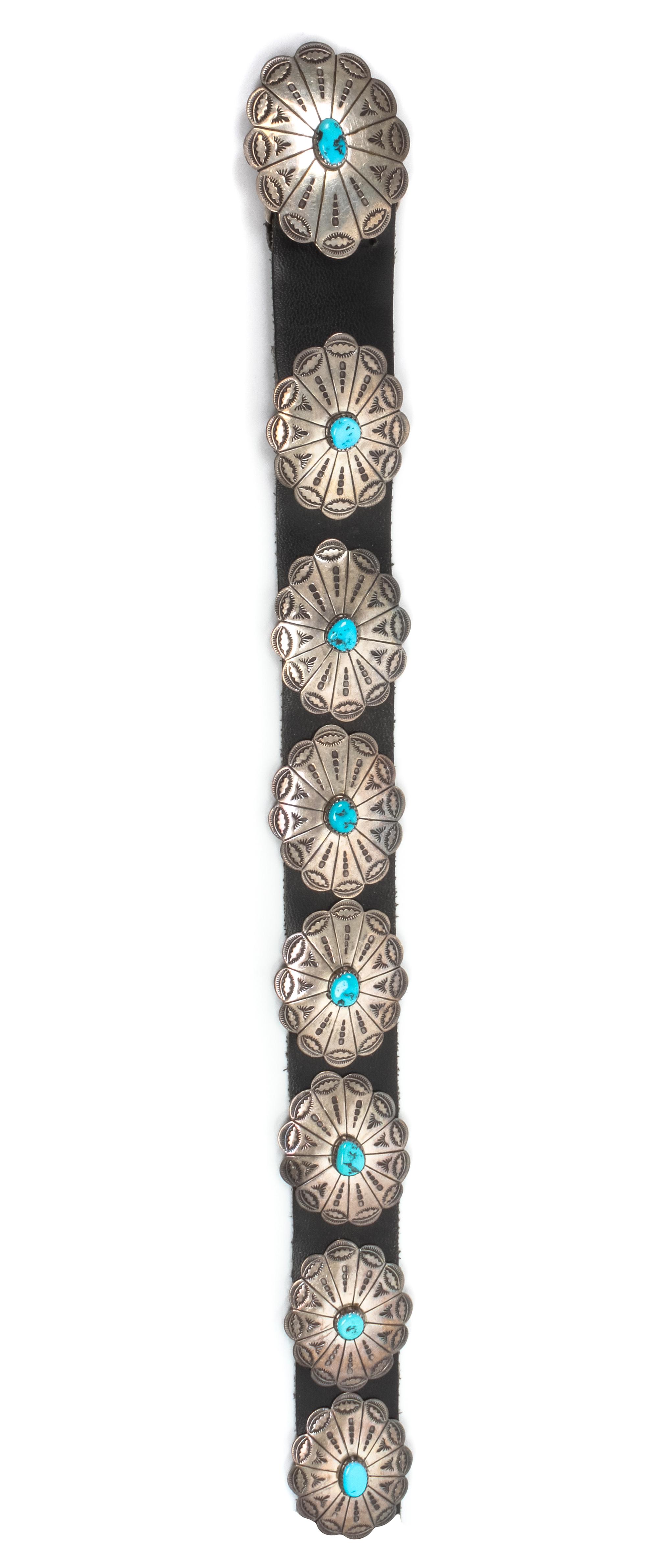 A Silver and Turquoise Concha Belt Conchas 1 3/8 x 1 3/4 and Buckle: 1 5/8 x 2 inches.