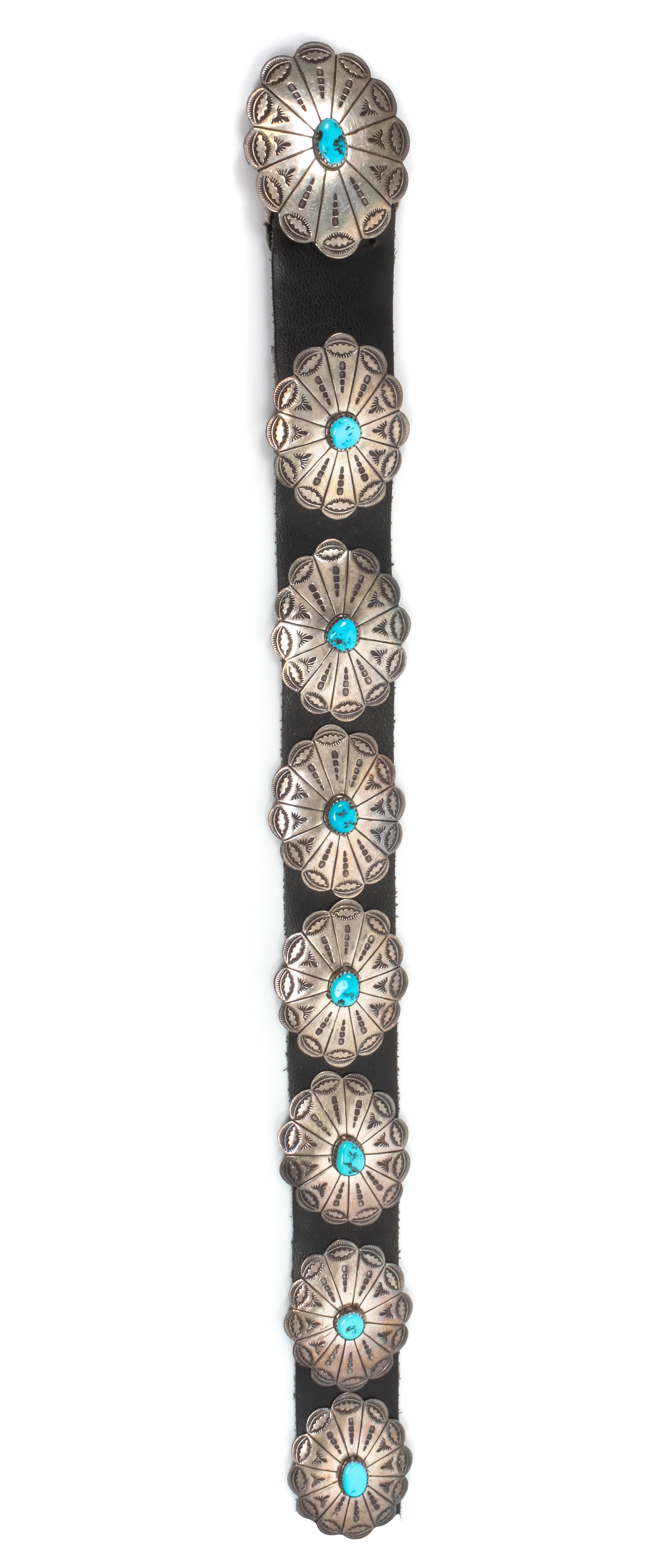 A Silver and Turquoise Concha Belt Conchas 1 3/8 x 1 3/4 and Buckle: 1 5/8 x 2 inches.