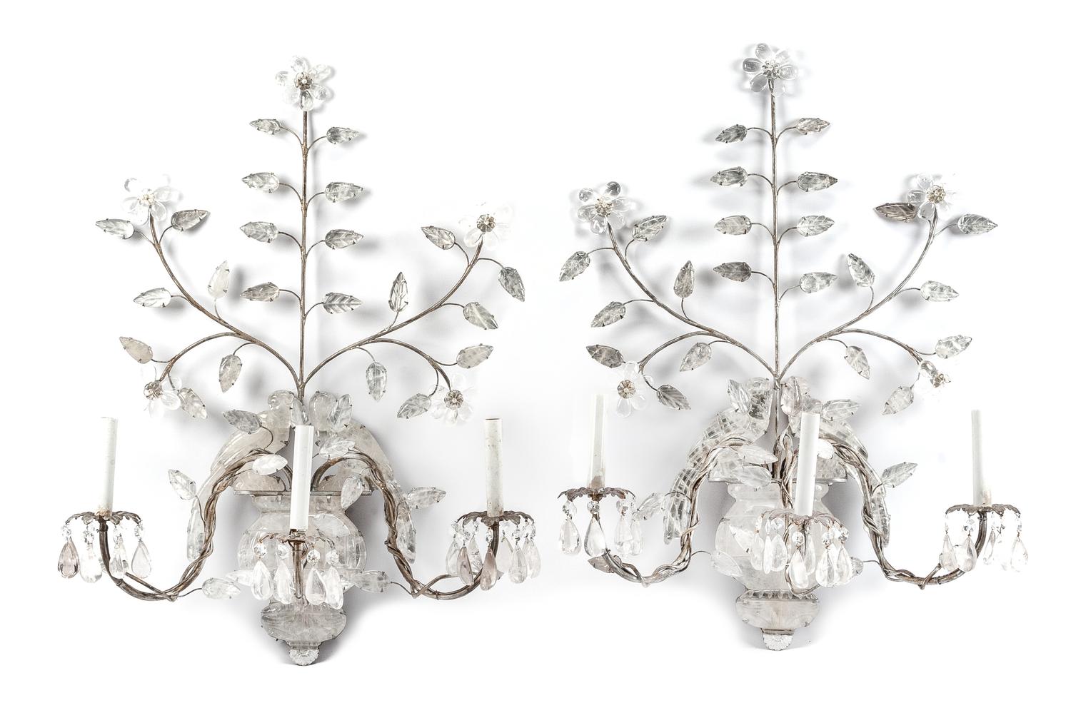 A Pair of Silvered Metal and Rock Crystal Three-Light Sconces Height 30 inches.
