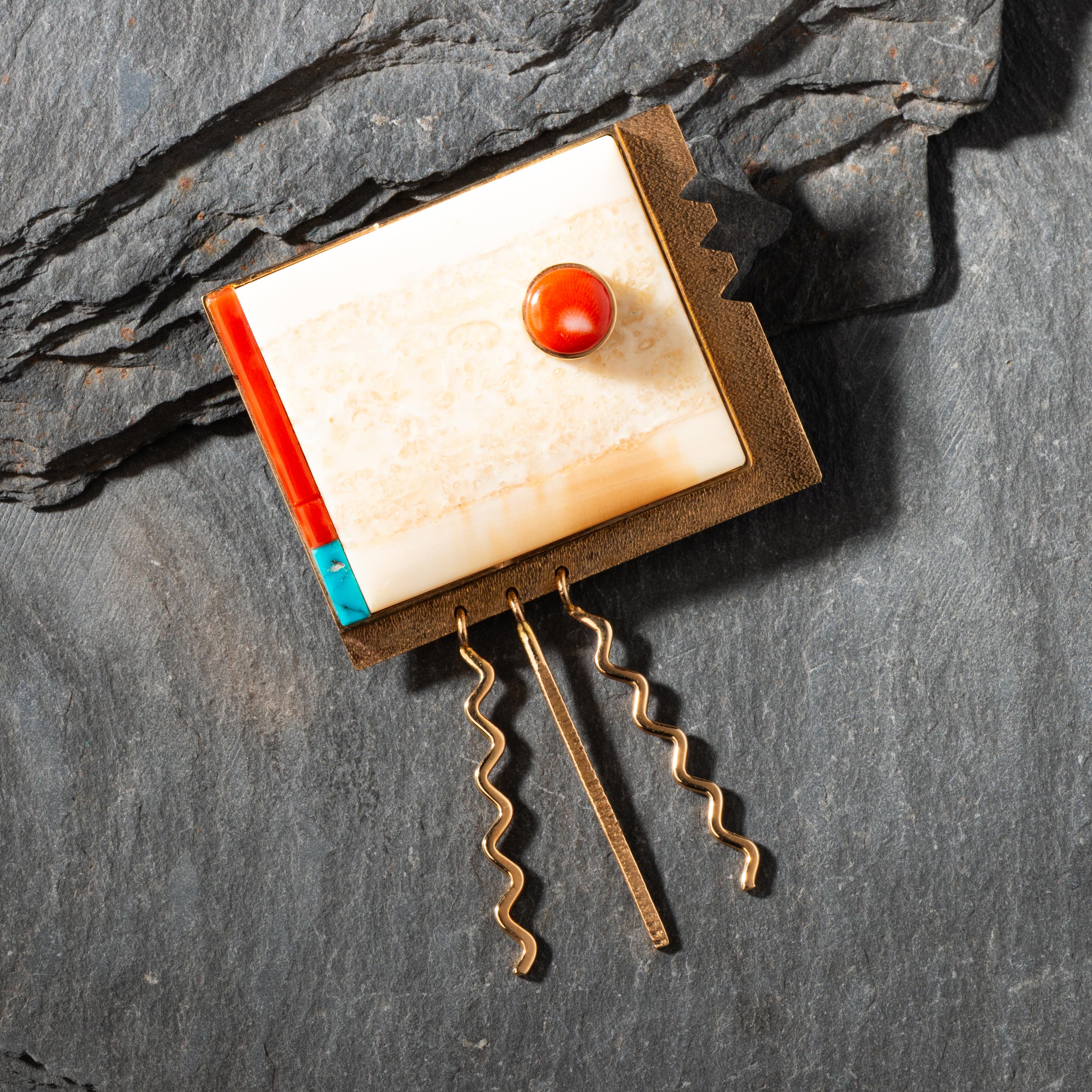 *Richard Chavez (San Felipe, b. 1949) — Yellow Gold and Multi-stone Inlay Pin / Brooch