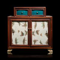 A Small Chinese Porcelain-Inlaid Hardwood Table Cabinet — 硬木嵌粉彩瓷板案頭櫃
