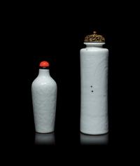 Two Chinese Anhua White Glazed Snuff Bottles