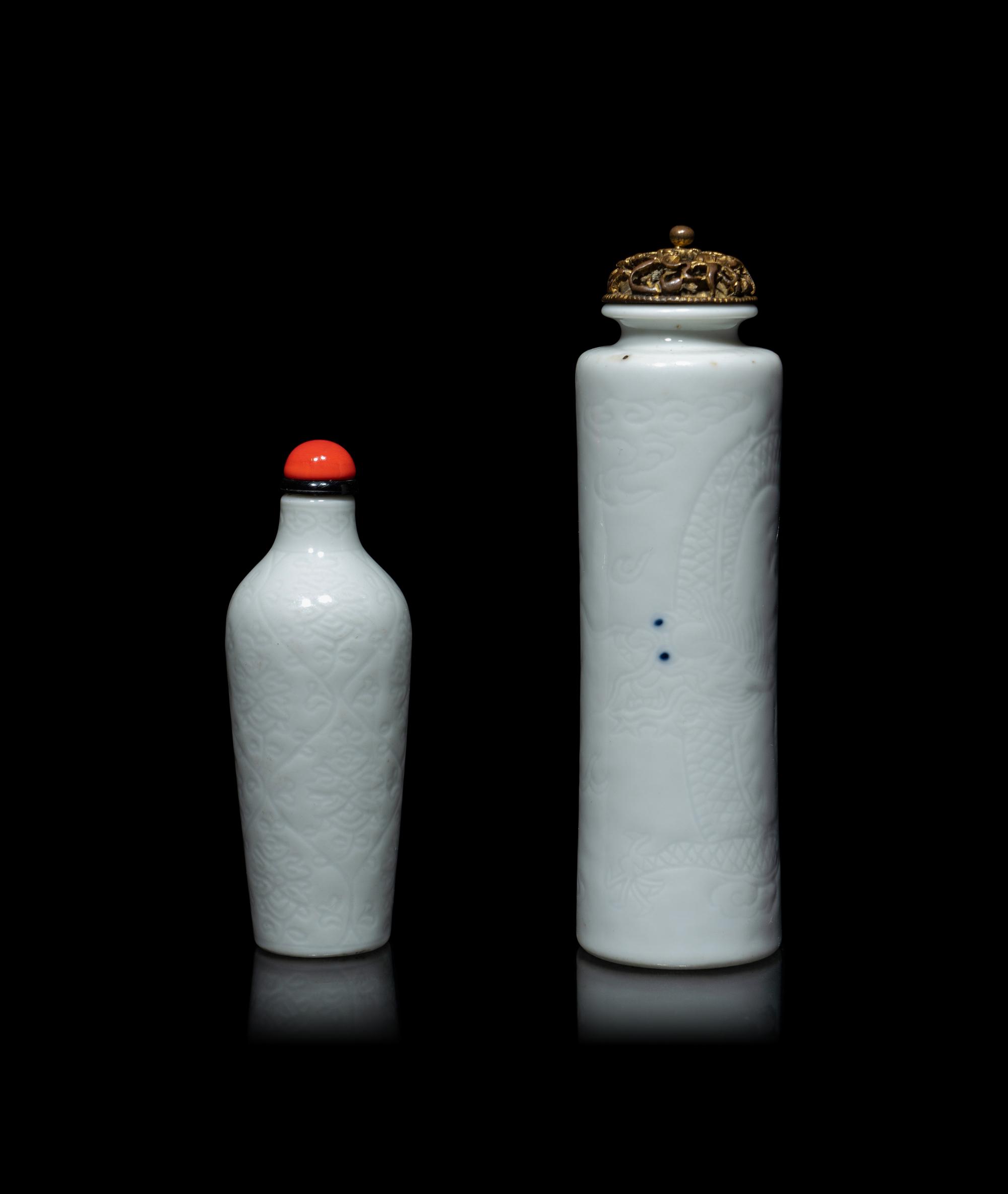 Two Chinese Anhua White Glazed Snuff Bottles