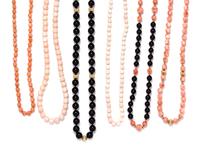 A Collection of Yellow Gold, Onyx and Coral Bead Necklaces, 188.40 dwts.