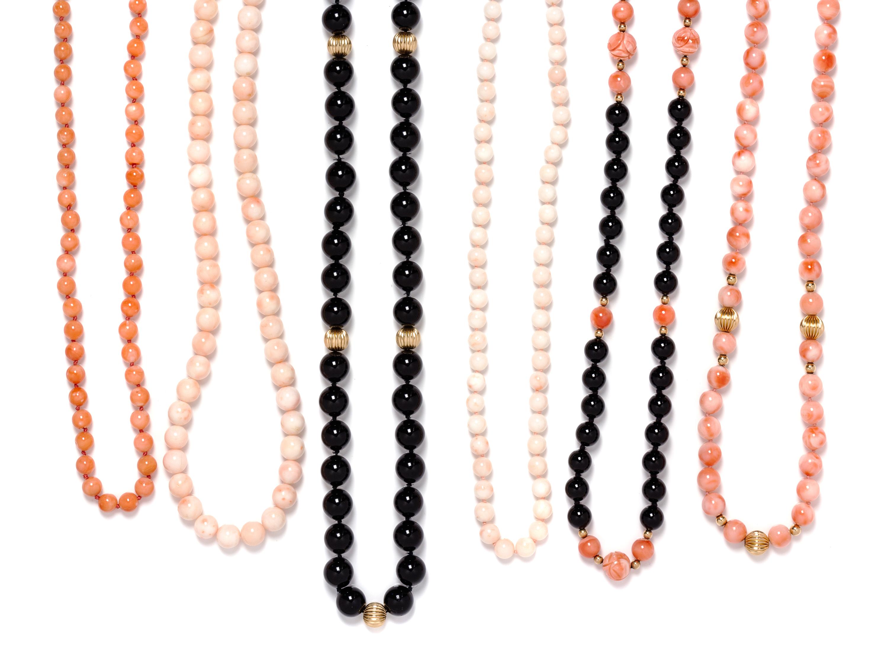 A Collection of Yellow Gold, Onyx and Coral Bead Necklaces, 188.40 dwts.