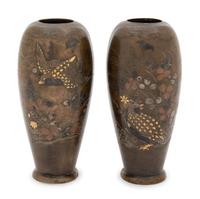A Pair of Copper, Silver and Gold Inlaid Bronze Vases