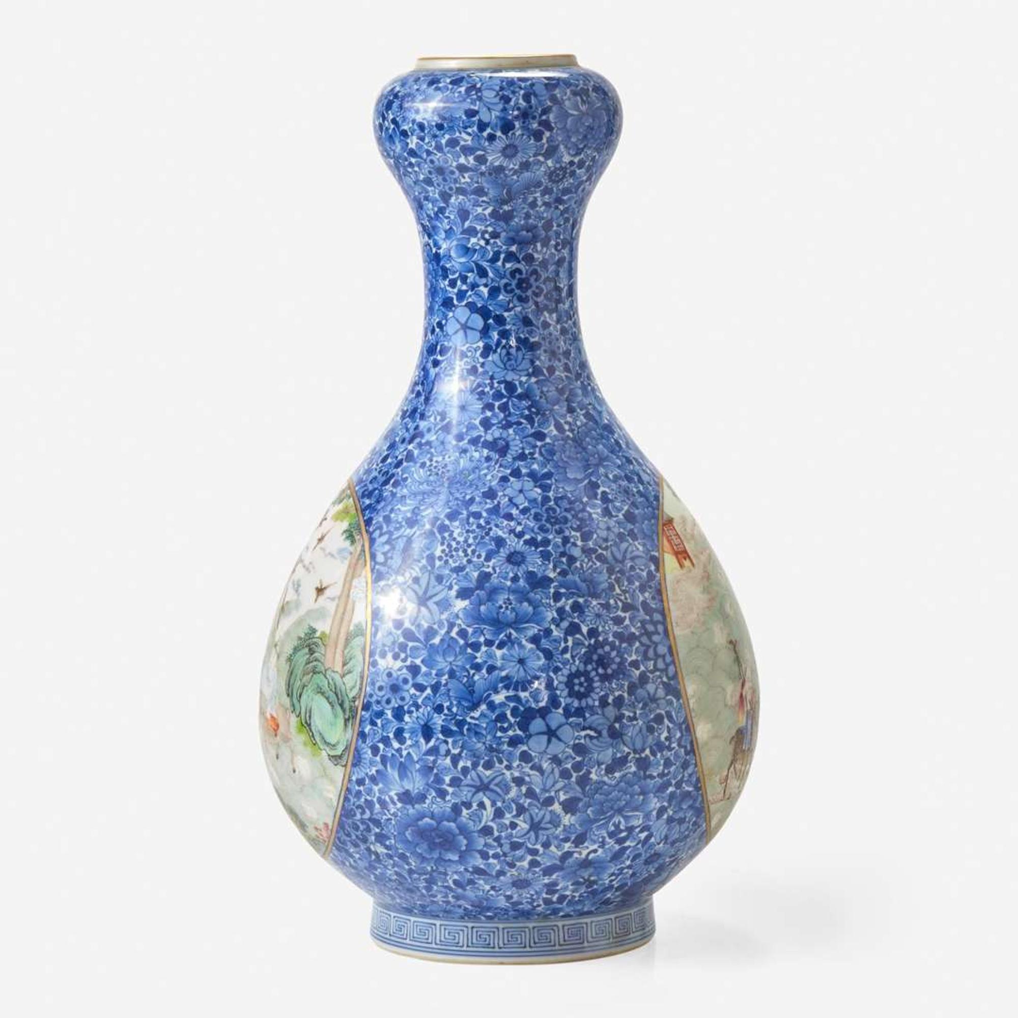 A finely-decorated Chinese yangcai and underglaze blue-decorated porcelain garlic-bulb mouth vase 洋彩灑藍地蒜頭瓶 Qianlong six-character seal mark ?????