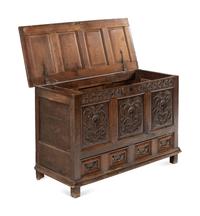 A Jacobean Carved Oak Two-Drawer Mule Chest