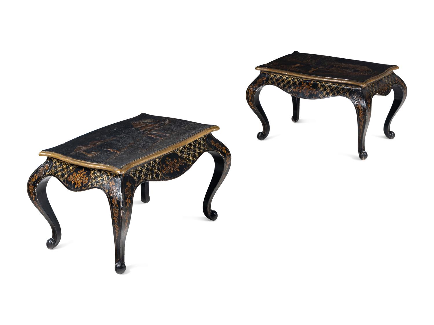 A Pair of Georgian Style Black Japanned Low Tables