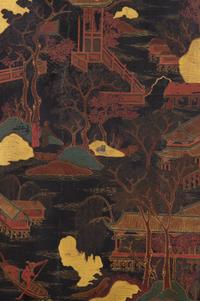A Pair of Chinese Polychrome-Decorated Lacquered Wall Panels