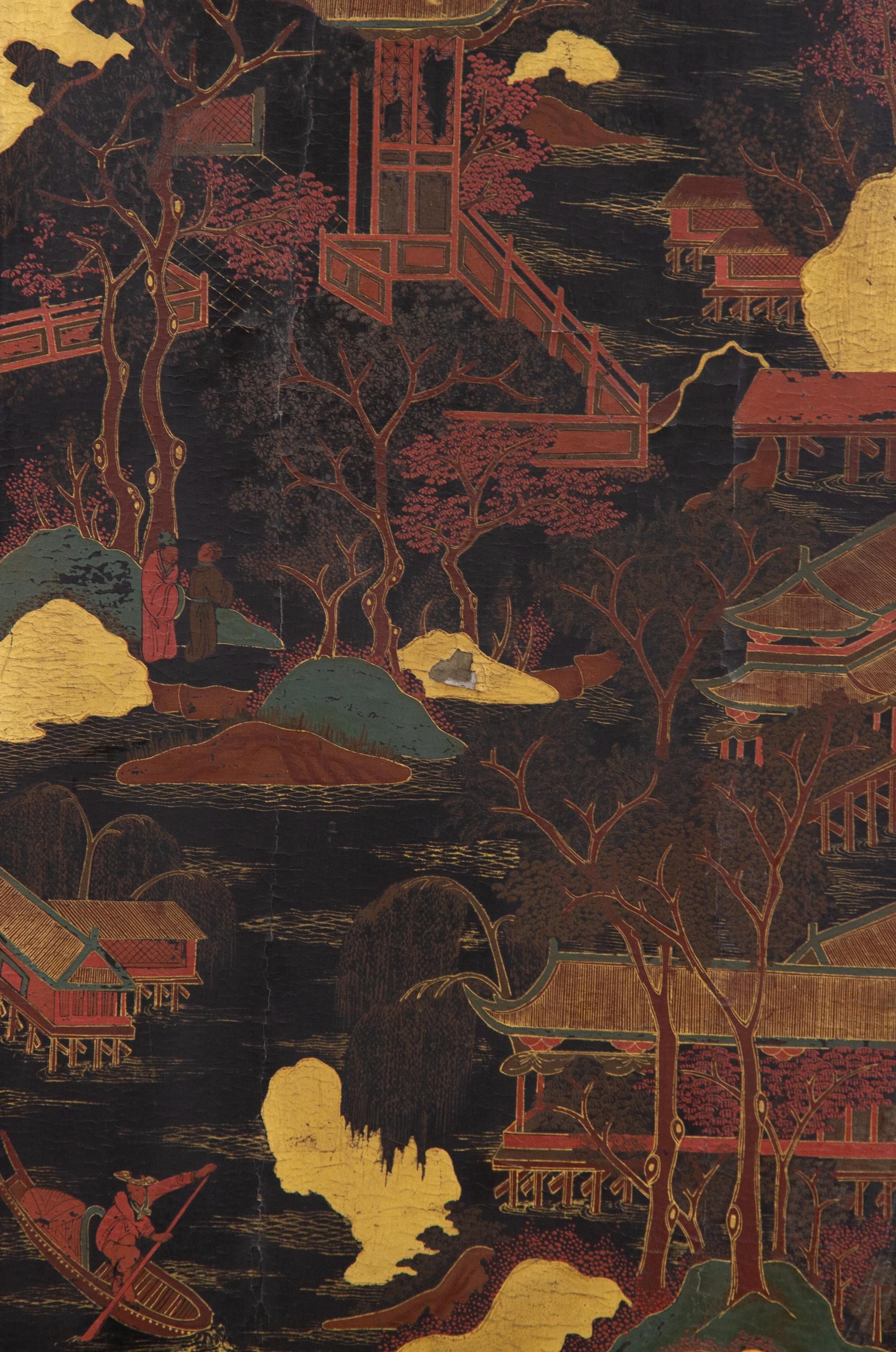 A Pair of Chinese Polychrome-Decorated Lacquered Wall Panels