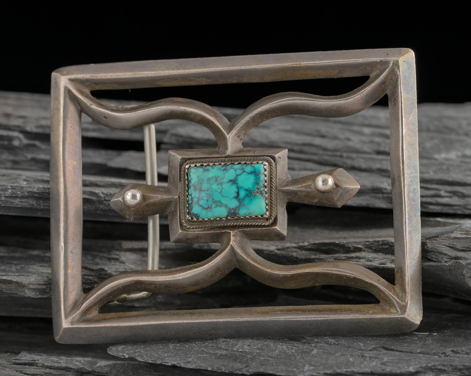 Navajo Sandcast Silver and Turquoise Belt Buckle