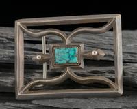 Navajo Sandcast Silver and Turquoise Belt Buckle