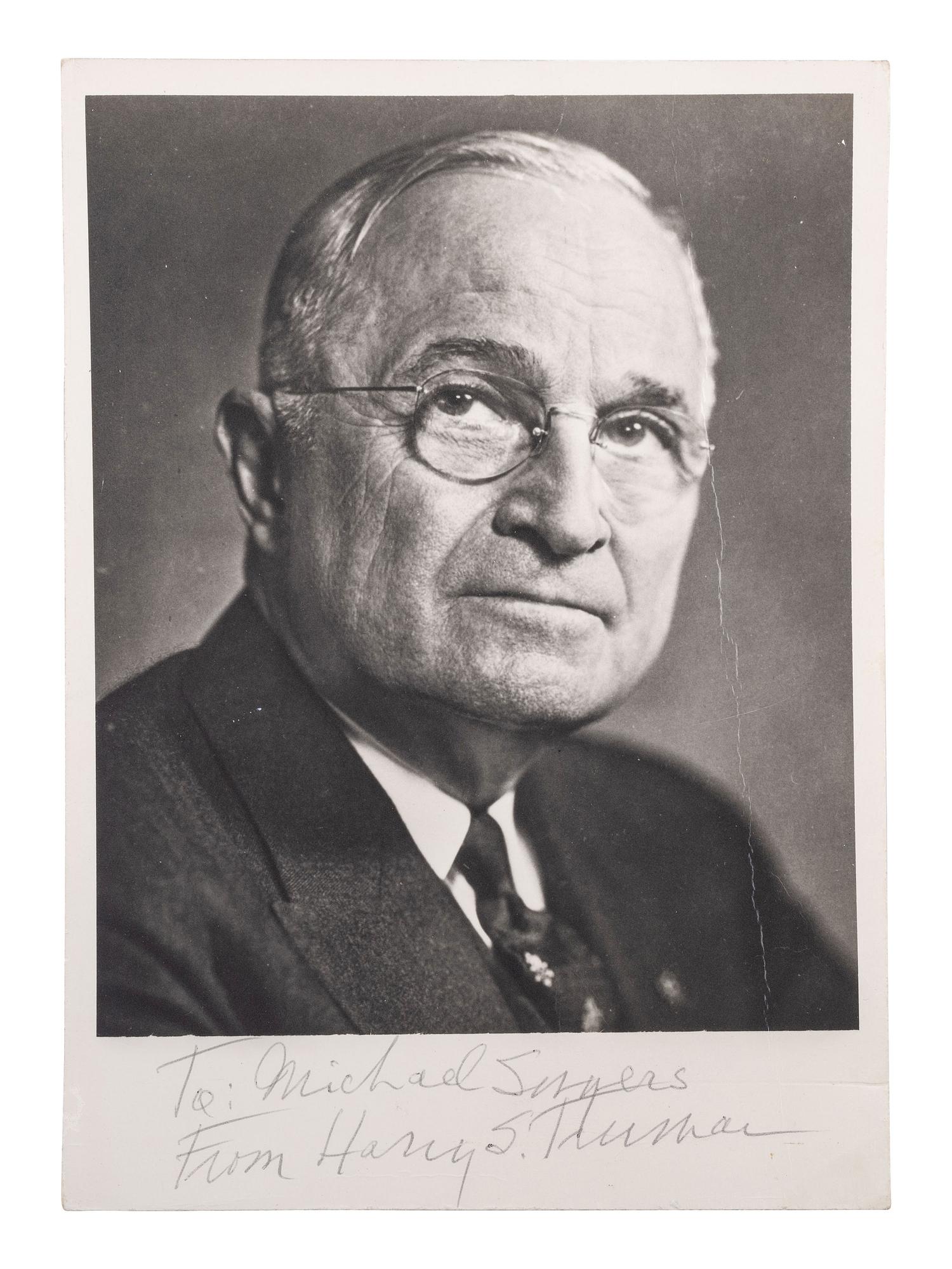TRUMAN, Harry S. (1884-1972). Photograph signed ("Harry S. Truman"). N.p., n.d.