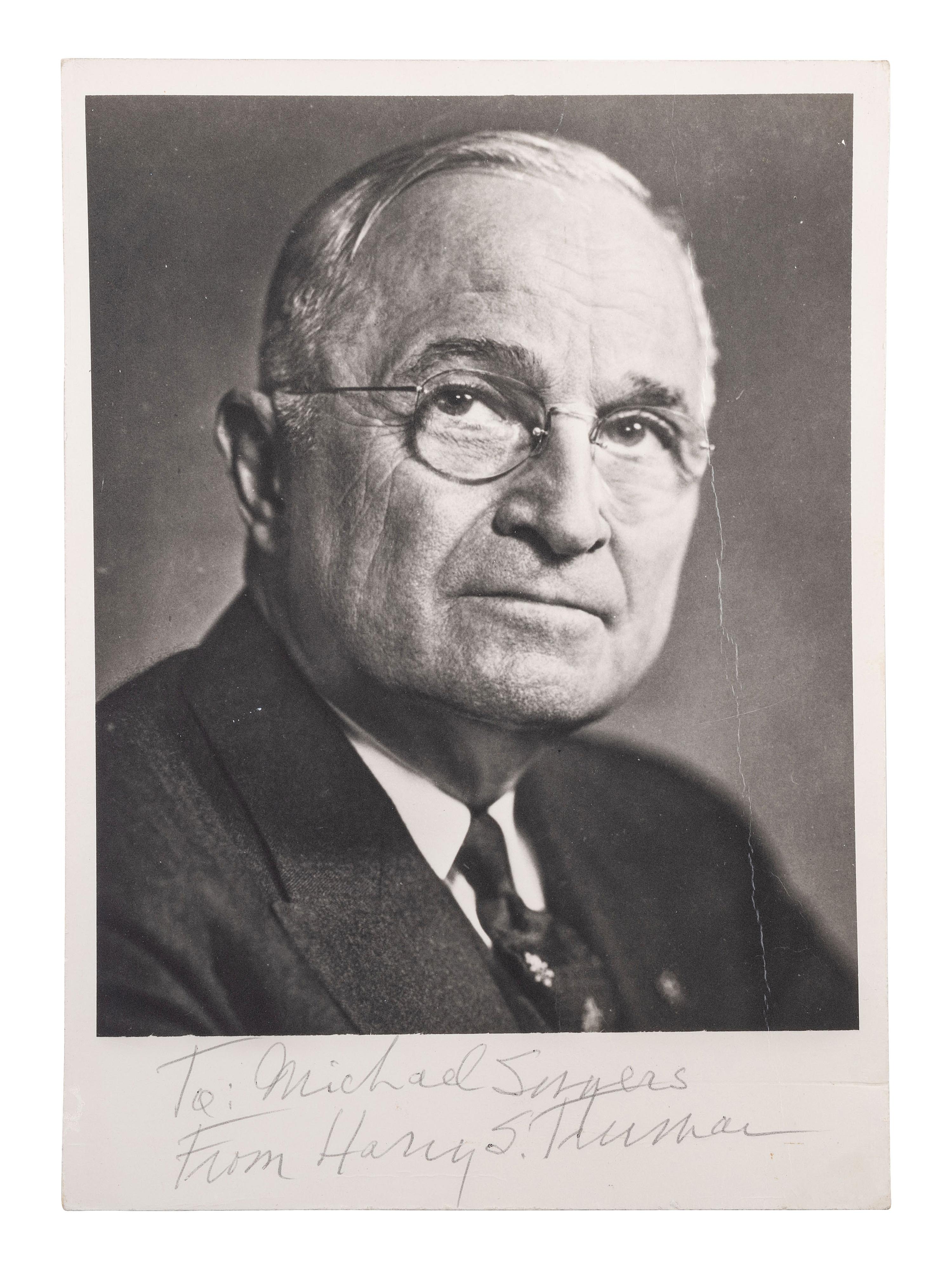 TRUMAN, Harry S. (1884-1972). Photograph signed ("Harry S. Truman"). N.p., n.d.