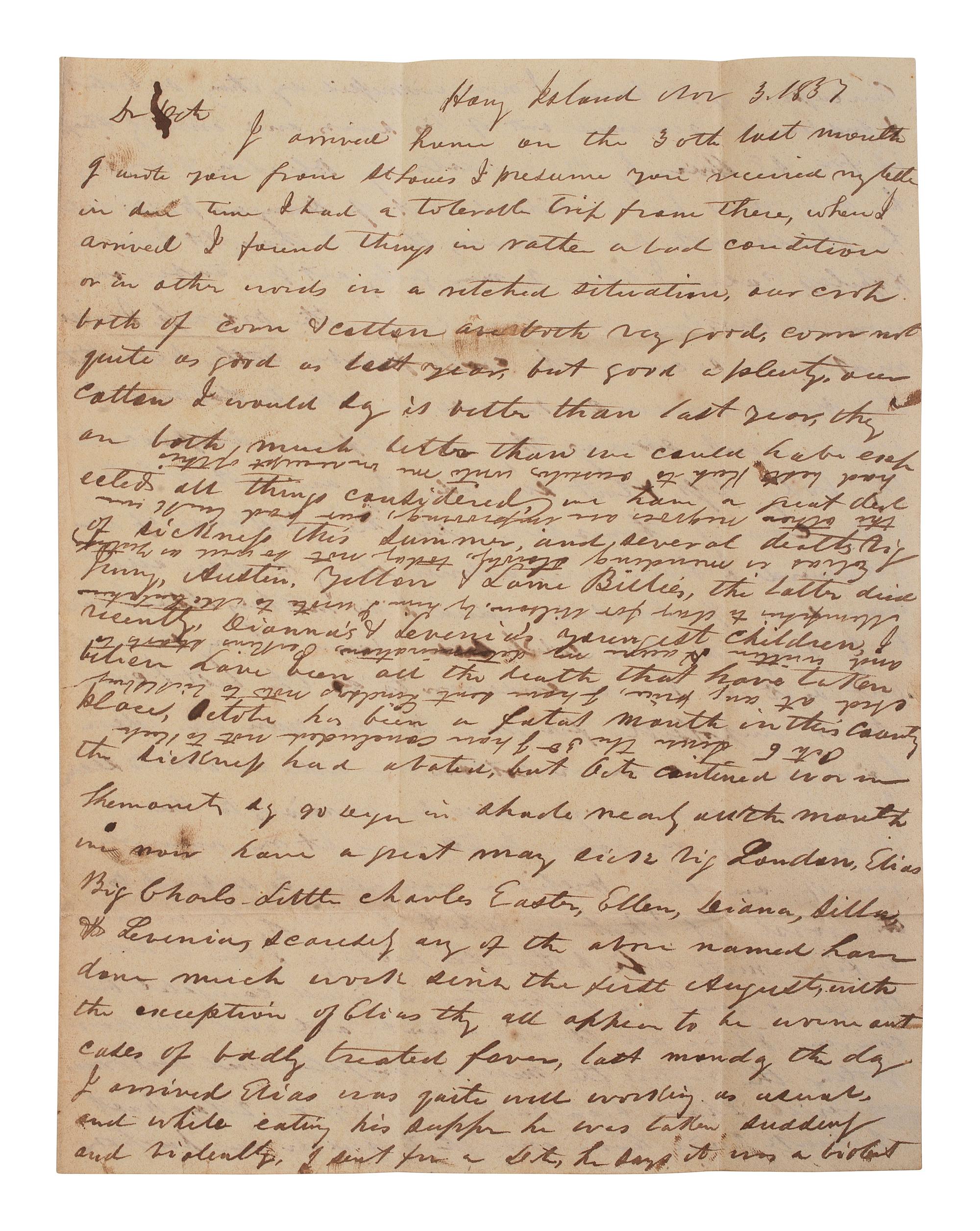 [ENSLAVEMENT & ABOLITION]. Letter describing conditions on a Mississippi plantation, including the escape and punishment of an enslaved man "Ned." Honey Island, Mississippi. 3 March 1837.