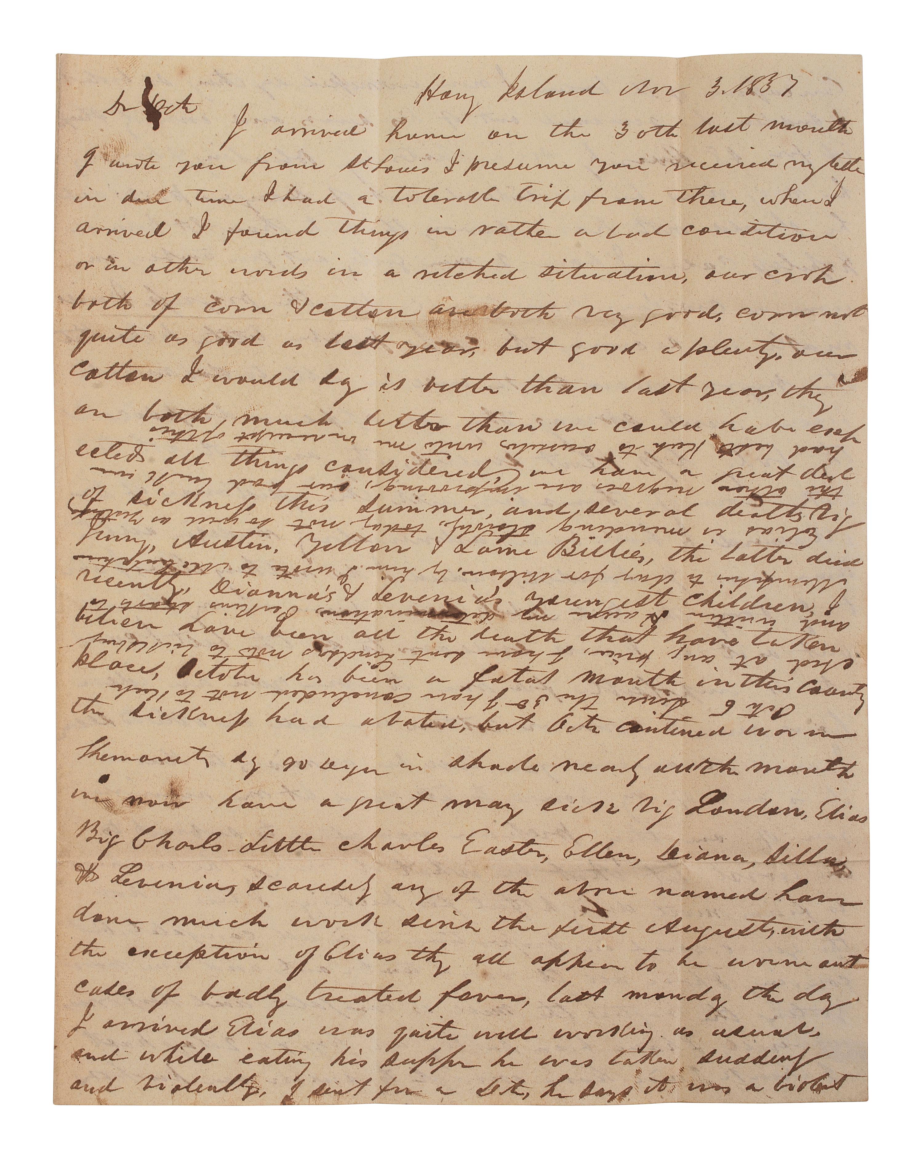 [ENSLAVEMENT & ABOLITION]. Letter describing conditions on a Mississippi plantation, including the escape and punishment of an enslaved man "Ned." Honey Island, Mississippi. 3 March 1837.