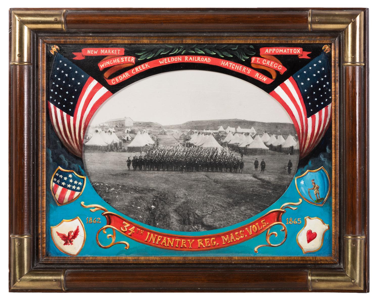 [CIVIL WAR] Colonel's shoulder straps & insignia attrib. to 34th MA Inf., with commemorative display