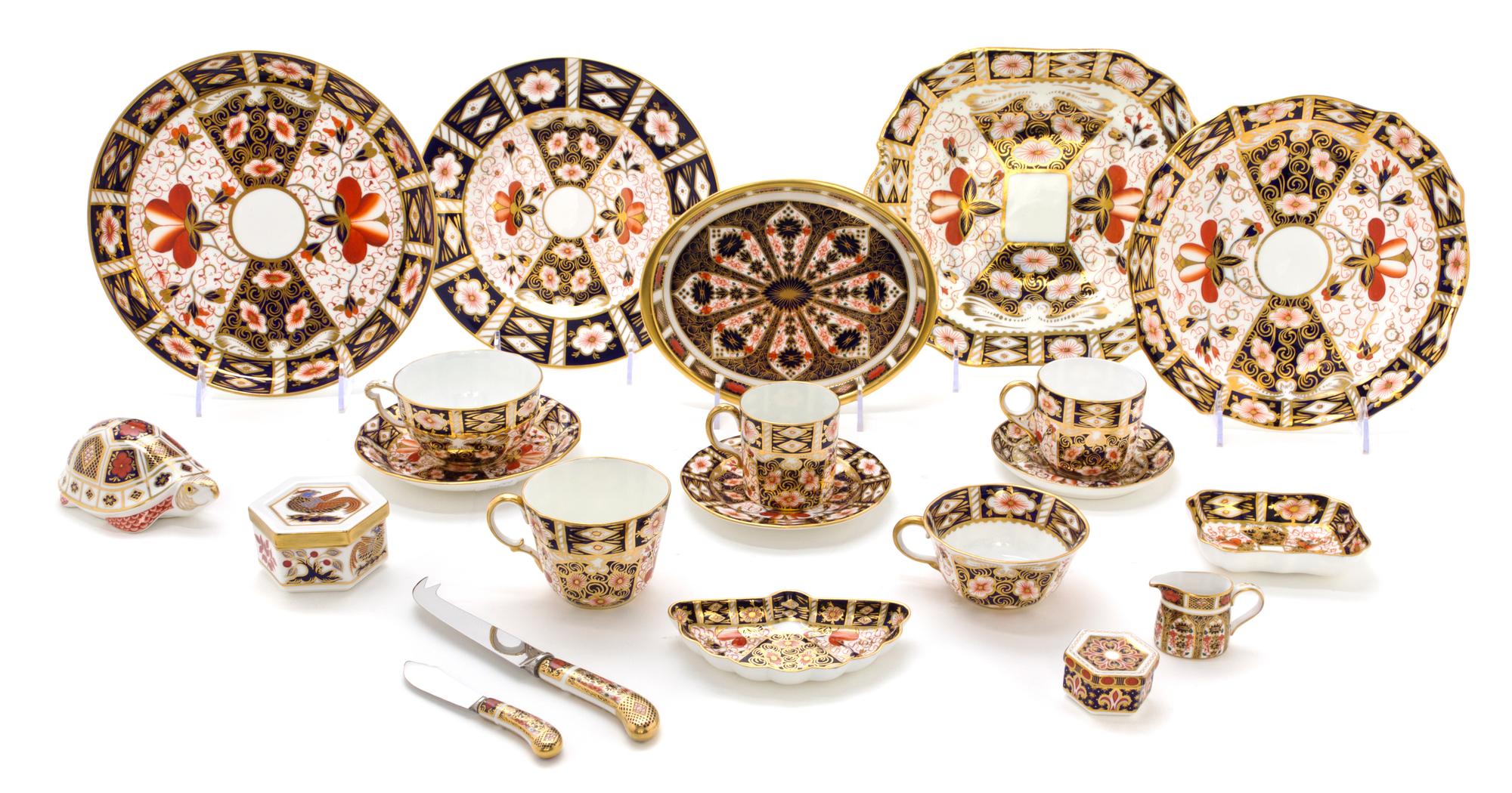 A Royal Crown Derby Porcelain Partial Dinner Service, Diameter of dessert plate 8 1/2 inches.