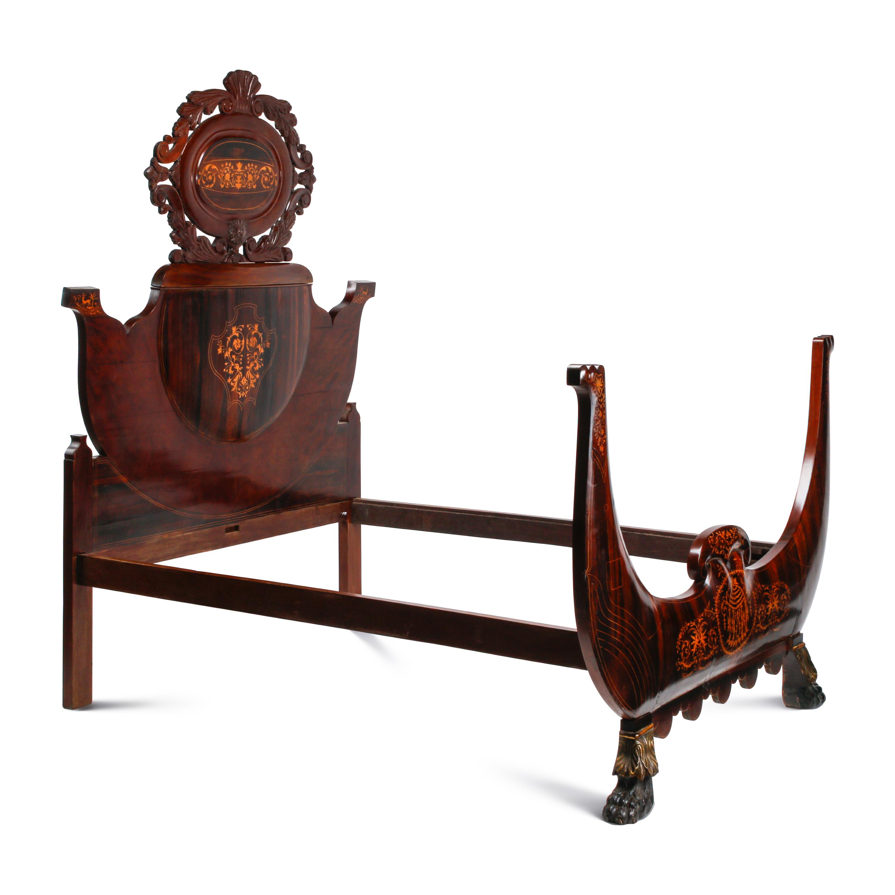 An Italian Rosewood, Mahogany and Marquetry Bed
