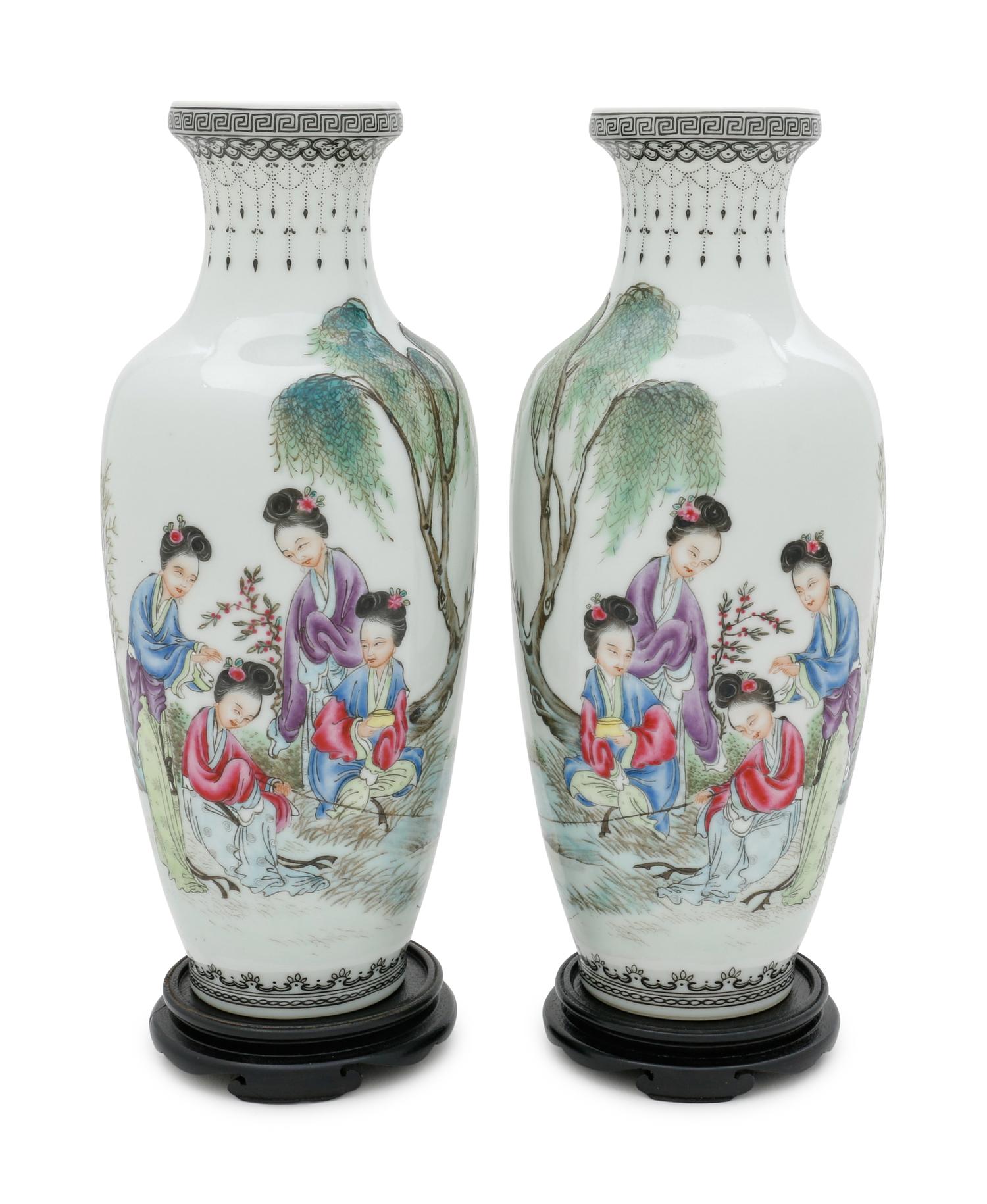A Pair of Famille Rose Porcelain Vases