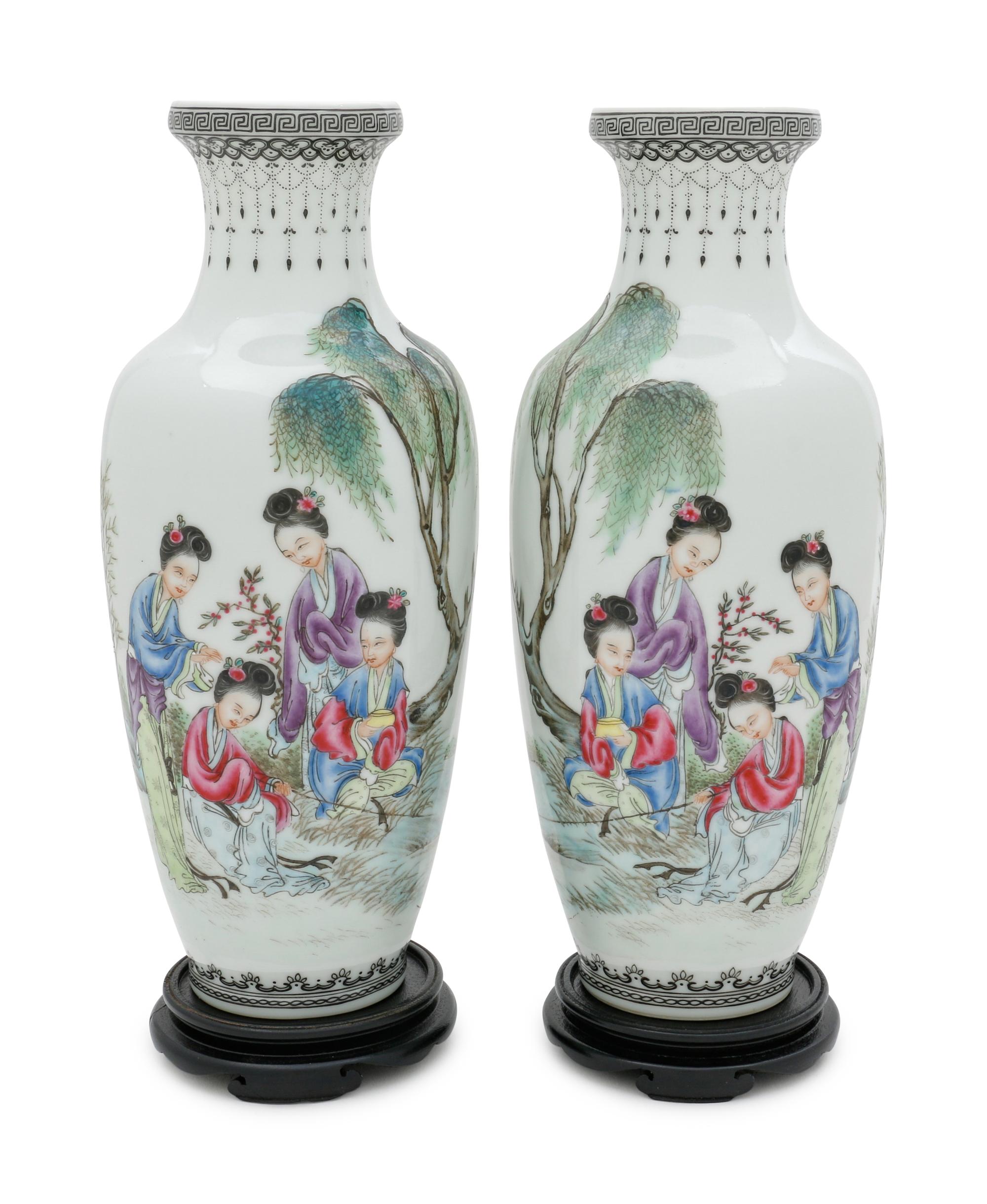 A Pair of Famille Rose Porcelain Vases