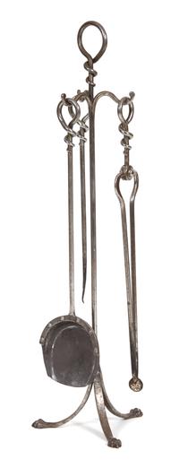 A Steel Fire Tool Set on Stand Height of stand 36 1/4 inches. — 20TH CENTURY