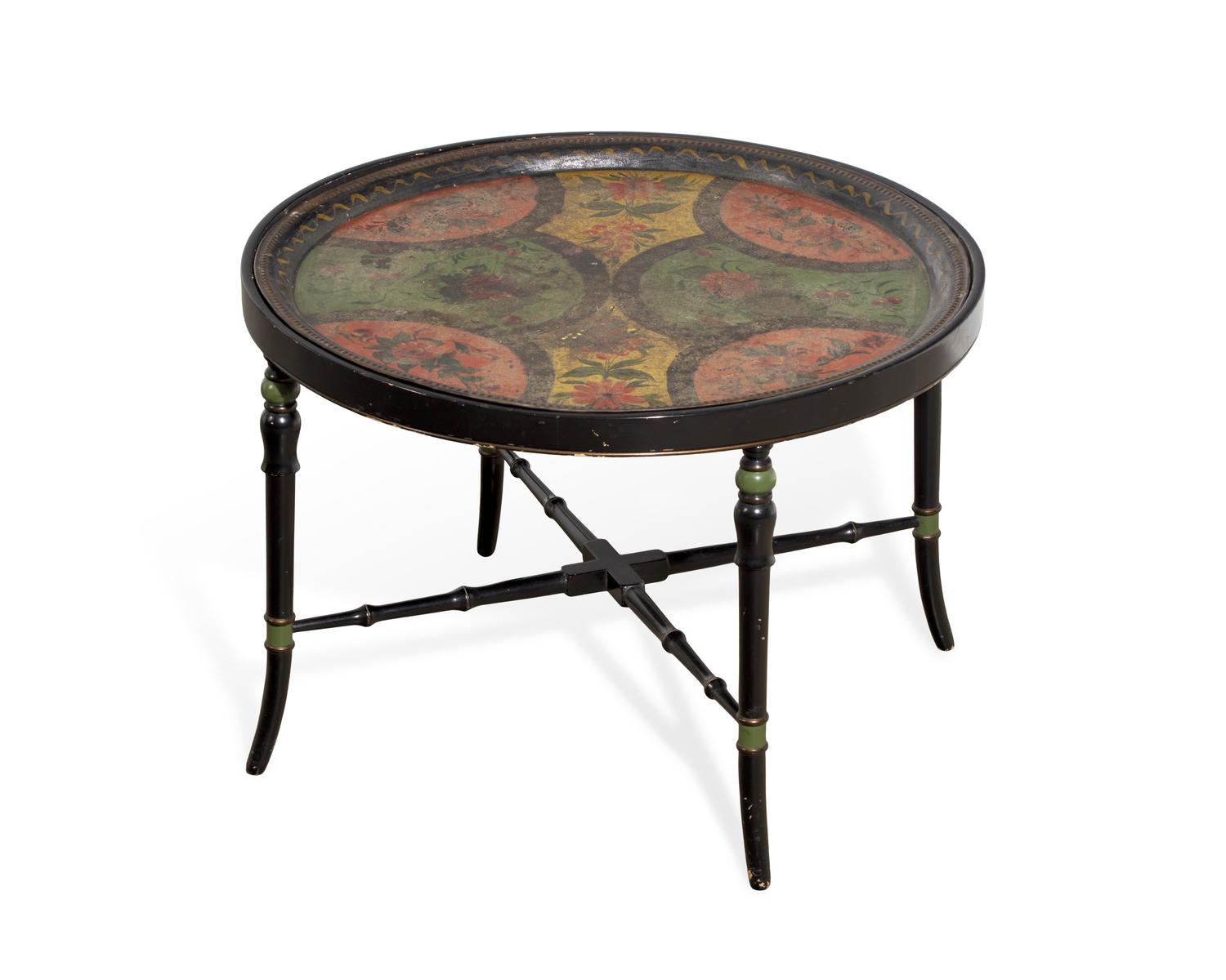 A Tole-Decorated Tinware Tray on Later Painted Wood Base