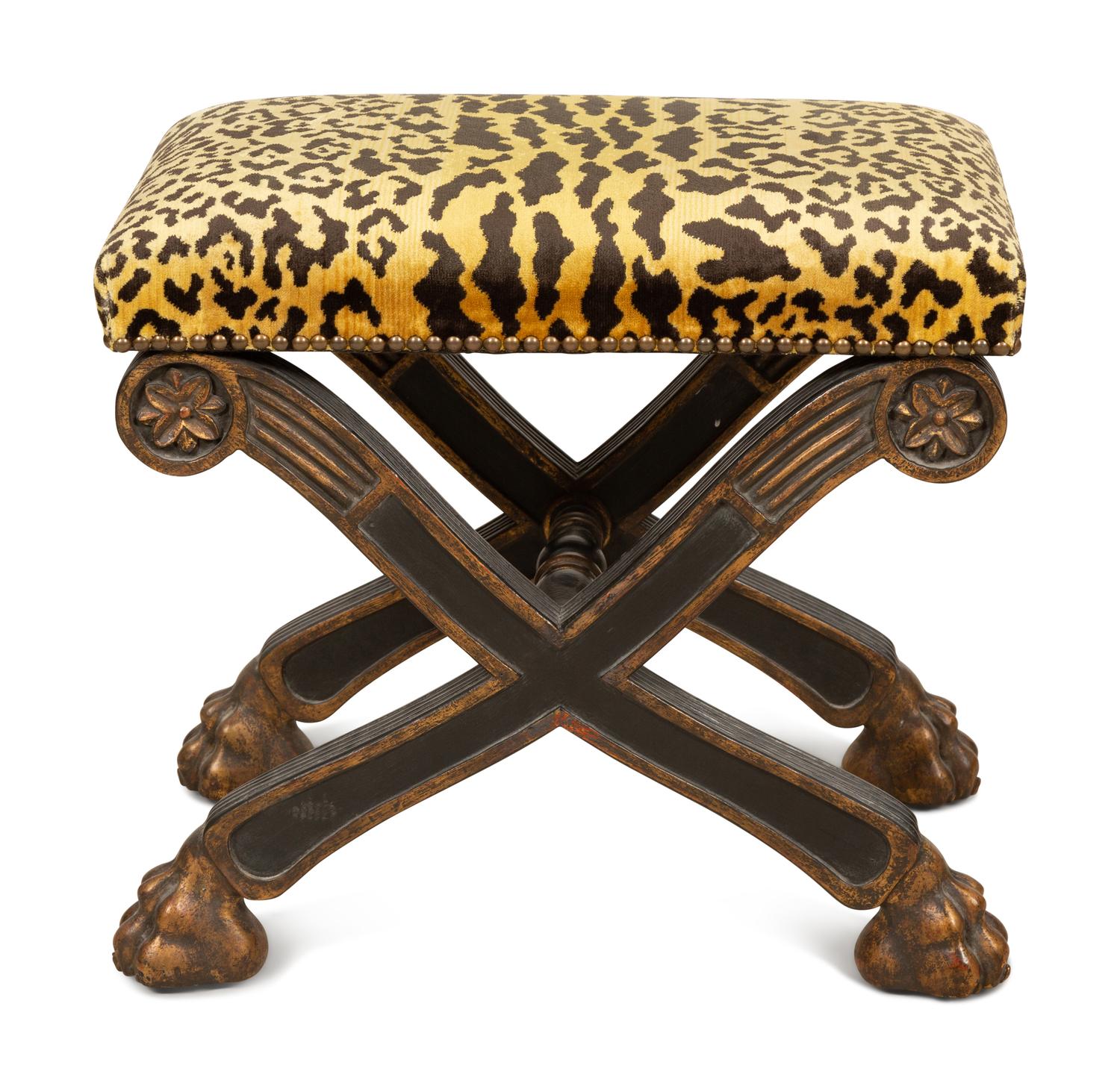 An Italian Neoclassical X-form Parcel Gilt Stool with Leopard Print Upholstered Seat