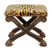 An Italian Neoclassical X-form Parcel Gilt Stool with Leopard Print Upholstered Seat