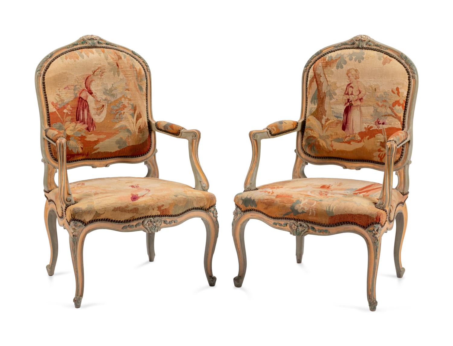 A Pair of Louis XV Style Tapestry-Upholstered and Painted Fauteuils — 19TH CENTURY