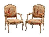 A Pair of Louis XV Style Tapestry-Upholstered and Painted Fauteuils — 19TH CENTURY