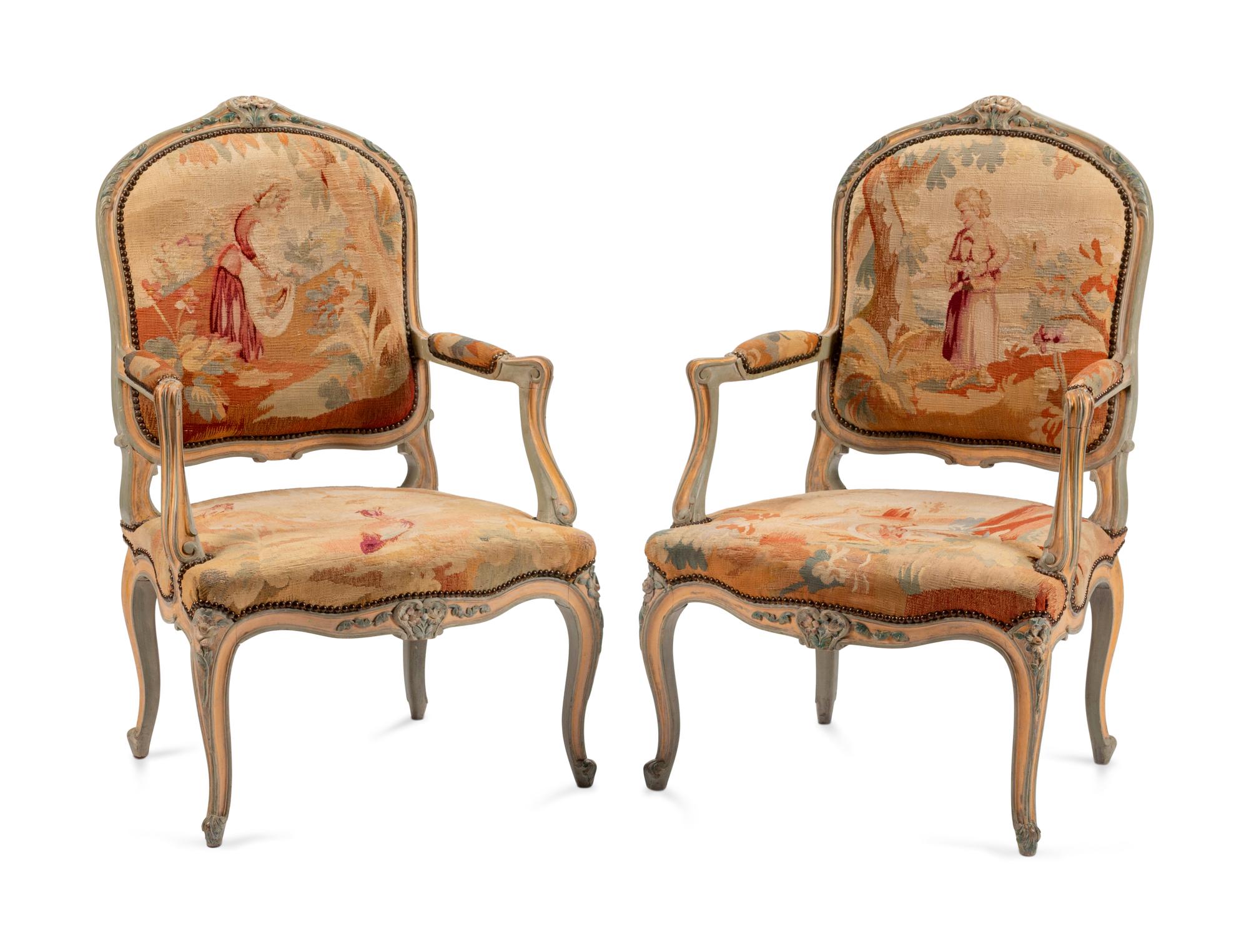 A Pair of Louis XV Style Tapestry-Upholstered and Painted Fauteuils — 19TH CENTURY