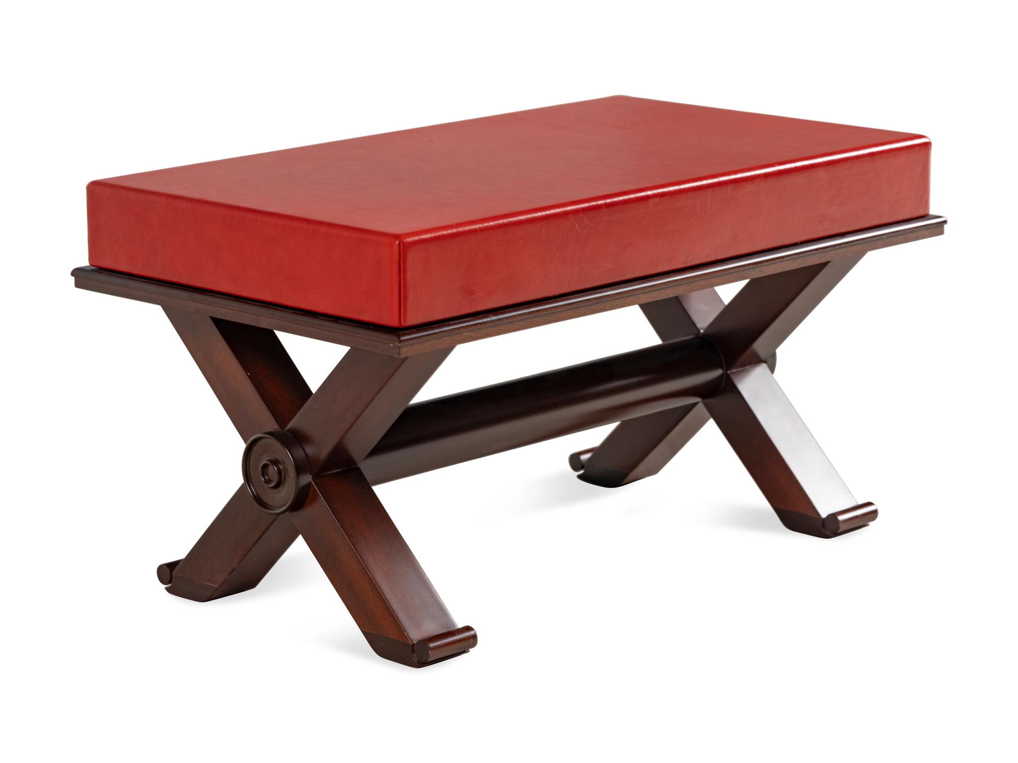 A Custom Red Leather-Upholstered Gilt Metal Stool