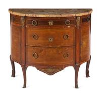 A Louis XV/XVI Transitional Style Marquetry Marble-Top Commode