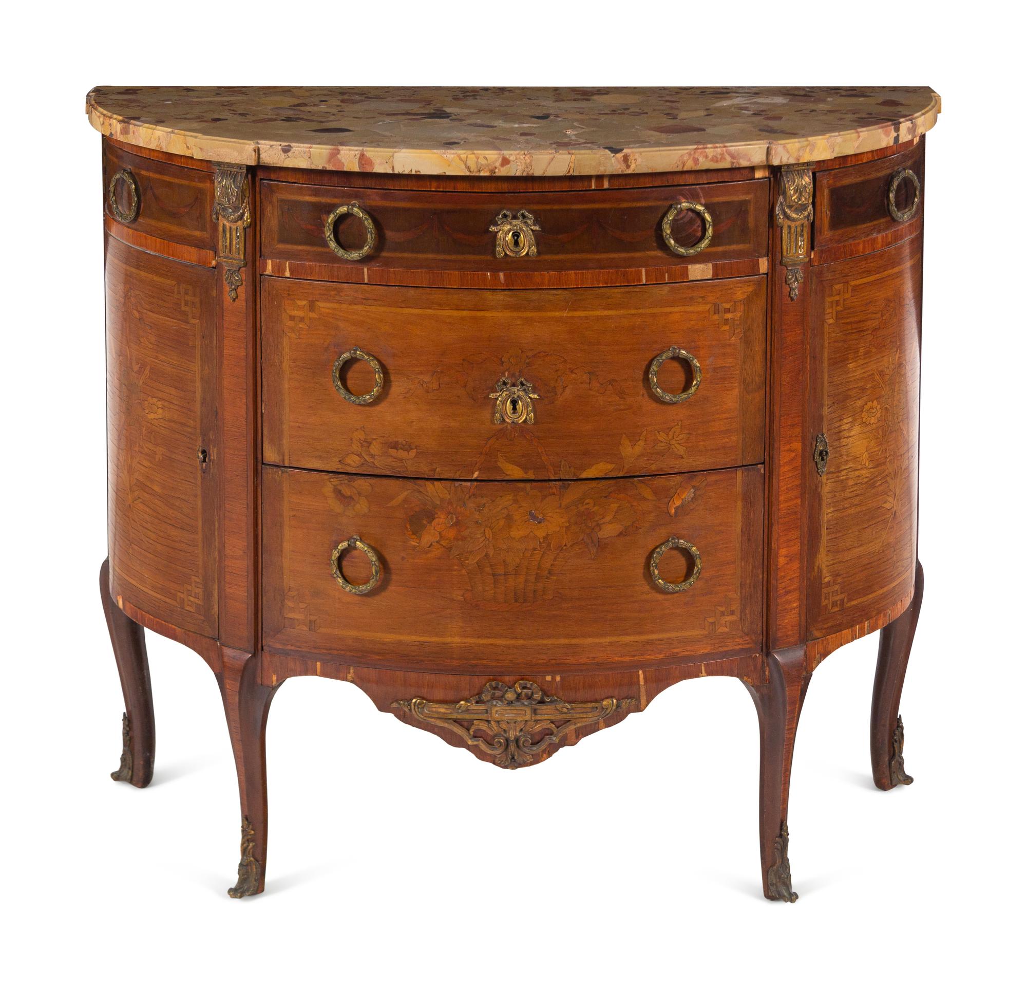 A Louis XV/XVI Transitional Style Marquetry Marble-Top Commode