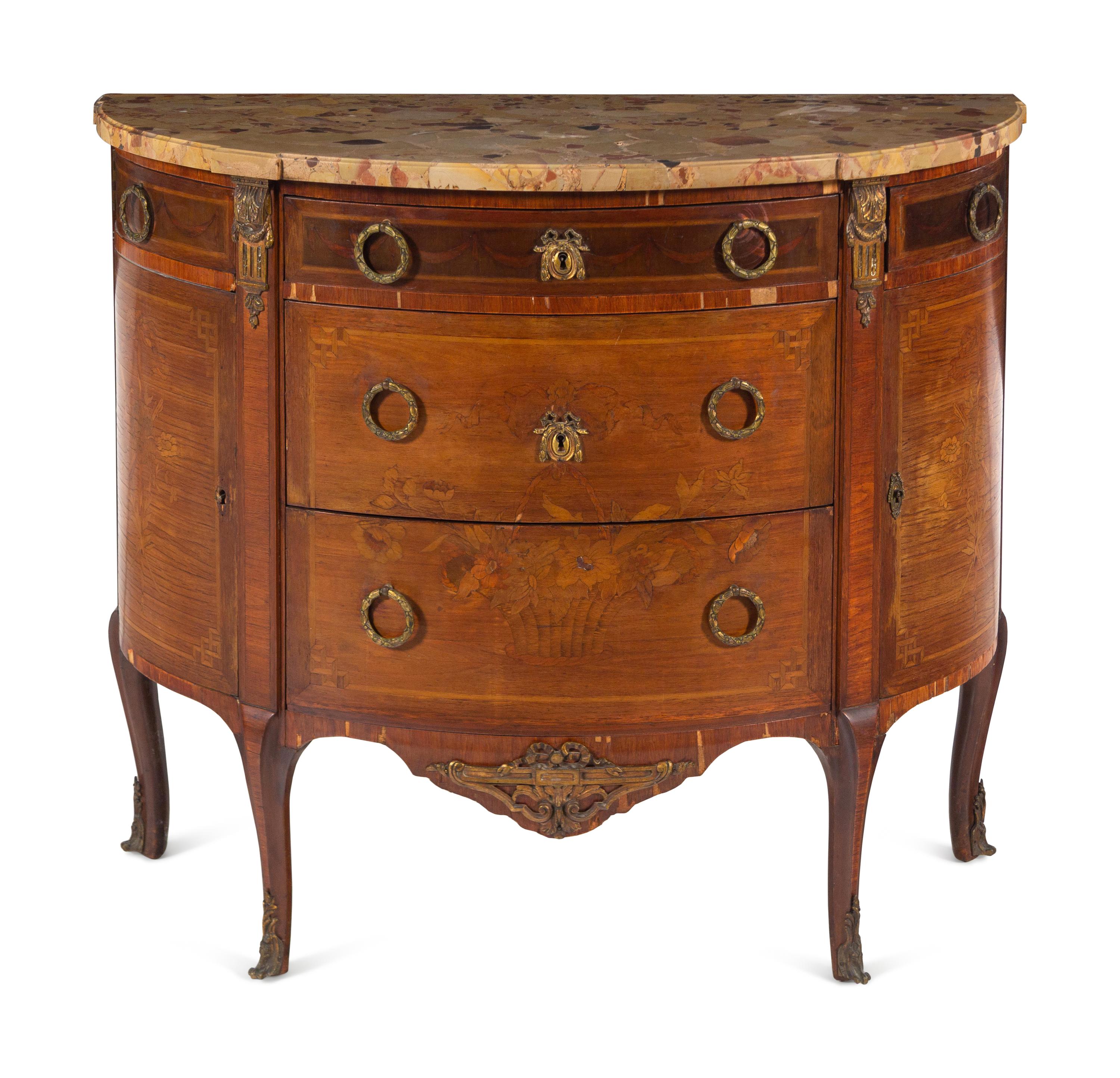 A Louis XV/XVI Transitional Style Marquetry Marble-Top Commode